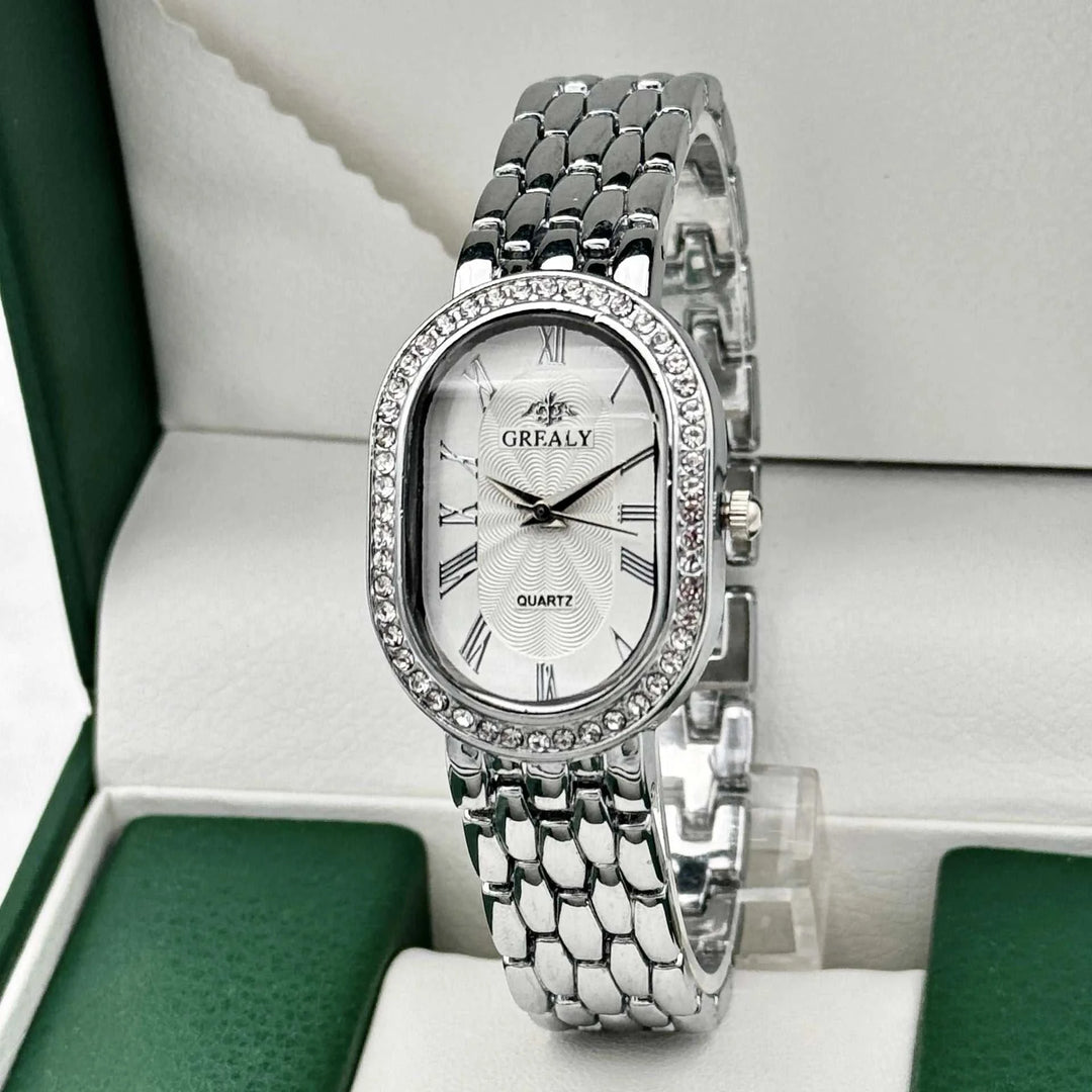 Montre Femme Luxe Ovale – Chiffres Romains & Diamants Quartz - Smiles shop