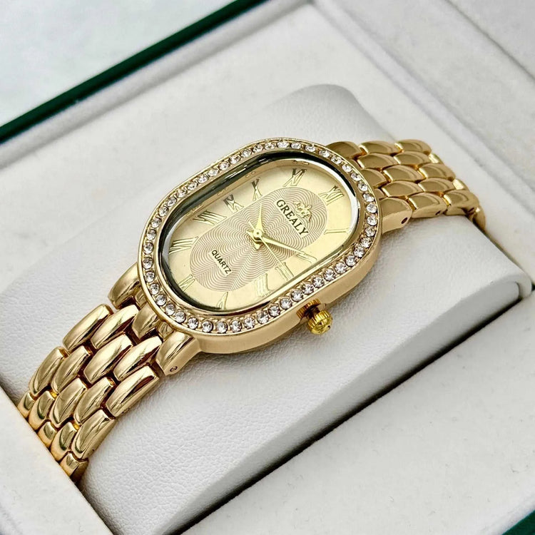 Montre Femme Luxe Ovale – Chiffres Romains & Diamants Quartz - Smiles shop