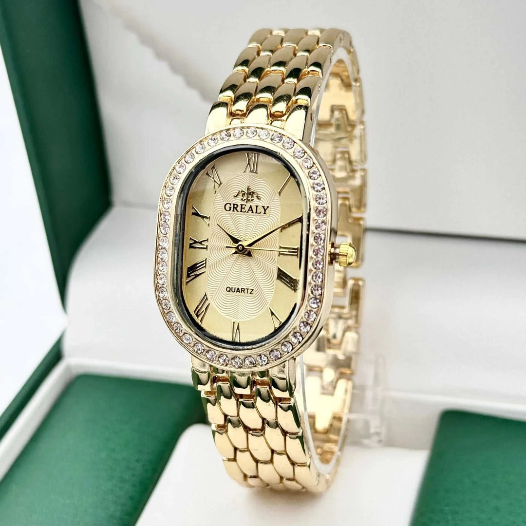 Montre Femme Luxe Ovale – Chiffres Romains & Diamants Quartz - Smiles shop