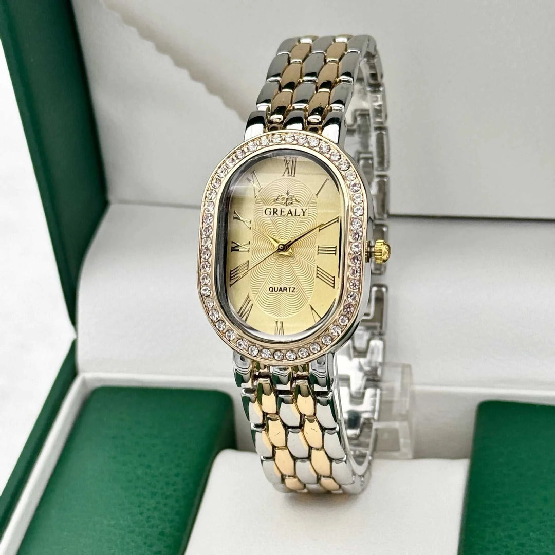 Montre Femme Luxe Ovale – Chiffres Romains & Diamants Quartz - Smiles shop