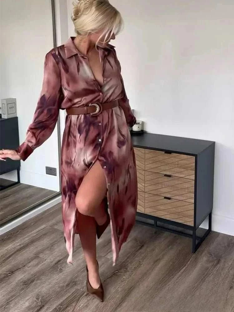 Robe Midi Femme Vintage KONDALA – Imprimé Rouge, Col Reversé & Ceinture Printemps Été - Smiles shop