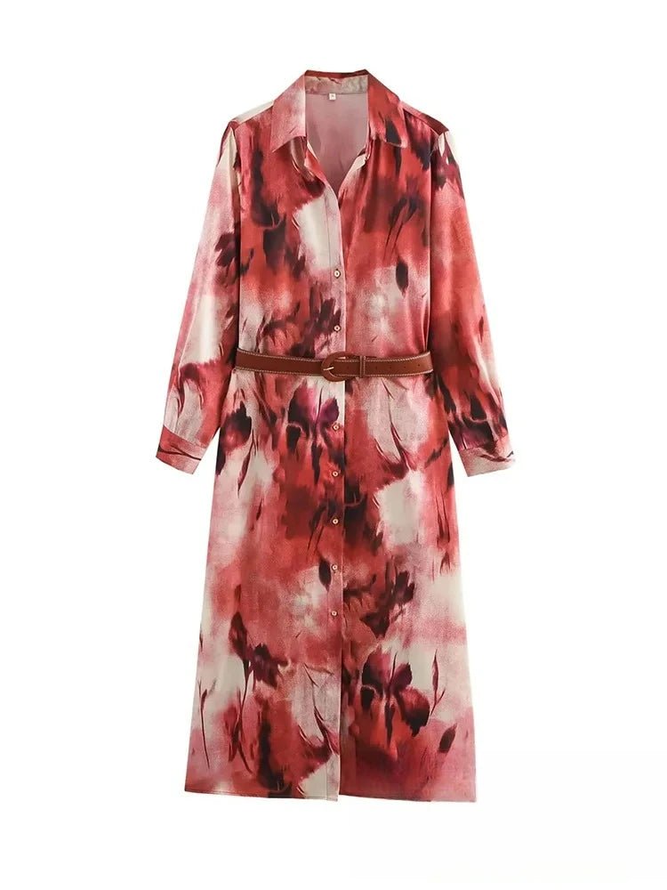 Robe Midi Femme Vintage KONDALA – Imprimé Rouge, Col Reversé & Ceinture Printemps Été - Smiles shop