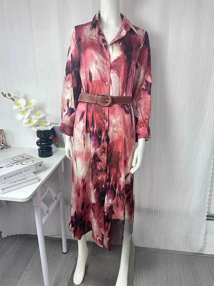 Robe Midi Femme Vintage KONDALA – Imprimé Rouge, Col Reversé & Ceinture Printemps Été - Smiles shop