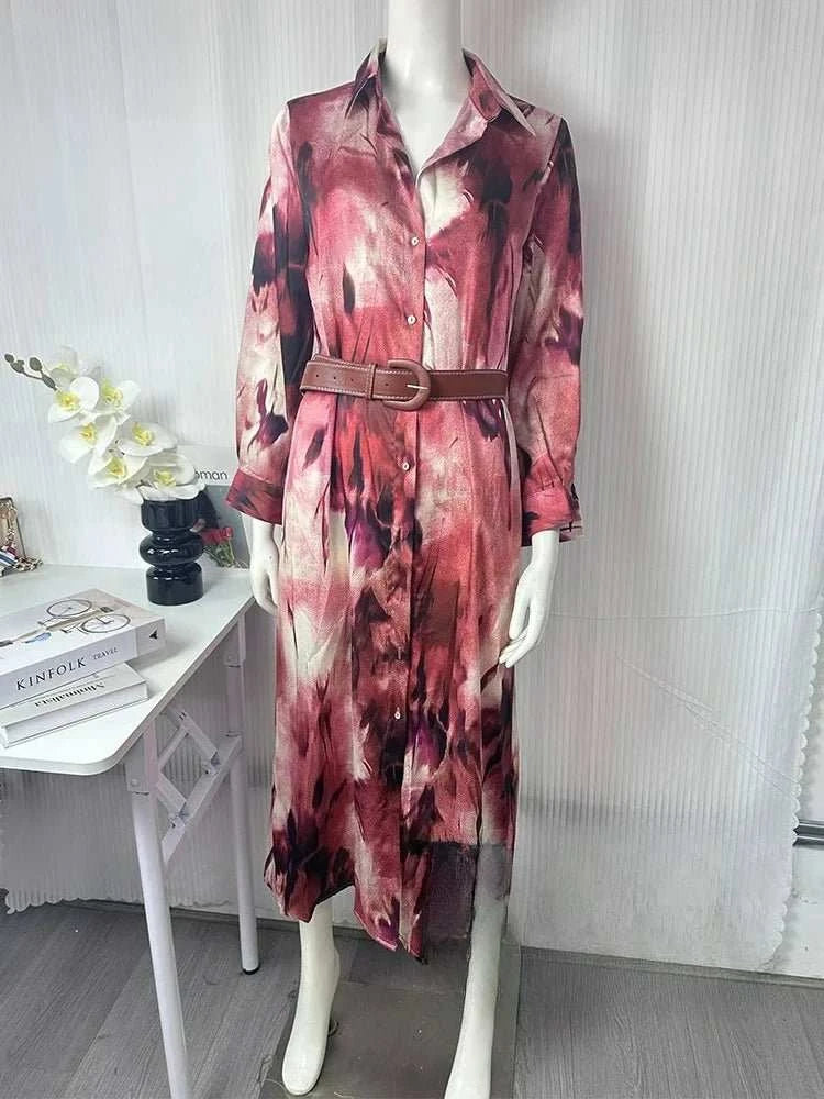 Robe Midi Femme Vintage KONDALA – Imprimé Rouge, Col Reversé & Ceinture Printemps Été - Smiles shop