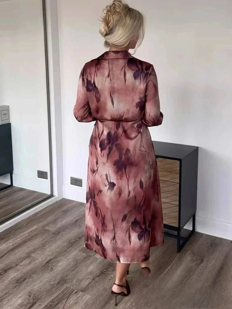 Robe Midi Femme Vintage KONDALA – Imprimé Rouge, Col Reversé & Ceinture Printemps Été - Smiles shop