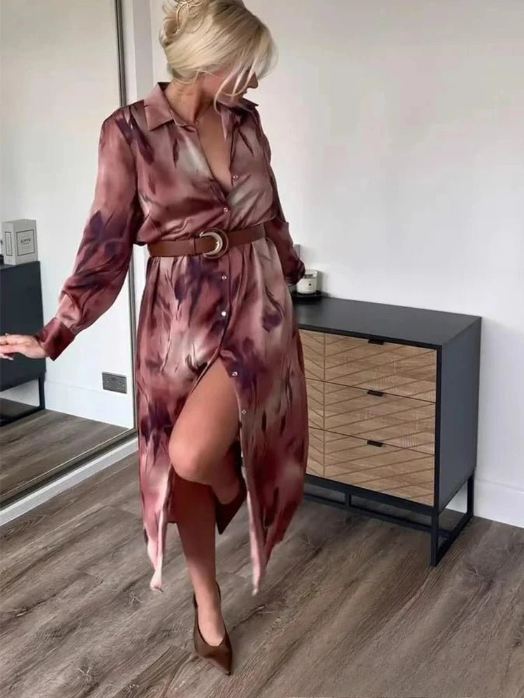 Robe Midi Femme Vintage KONDALA – Imprimé Rouge, Col Reversé & Ceinture Printemps Été - Smiles shop