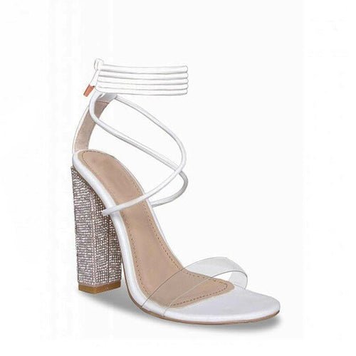 Sandales À Talon Carré Transparent Blanc – Cristaux, Sangle Cheville, Talon Haut, Soirée & Party - Smiles shop