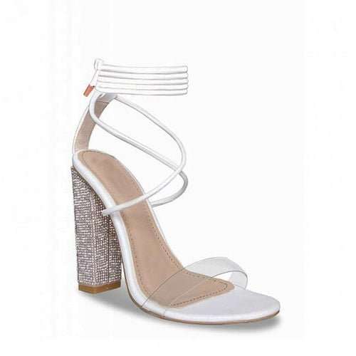 Sandales À Talon Carré Transparent Blanc – Cristaux, Sangle Cheville, Talon Haut, Soirée & Party - Smiles shop