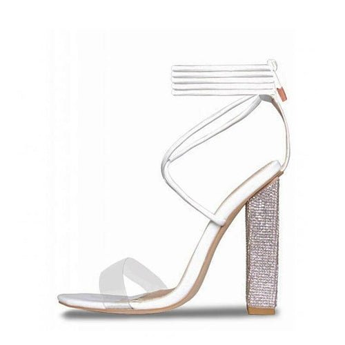 Sandales À Talon Carré Transparent Blanc – Cristaux, Sangle Cheville, Talon Haut, Soirée & Party - Smiles shop