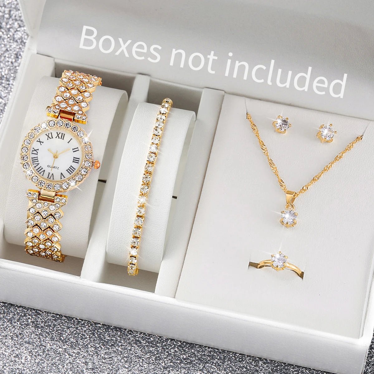 Set Bijoux Femme 6 Pièces – Montre Strass Chiffres Romains & Accessoires - Smiles shop
