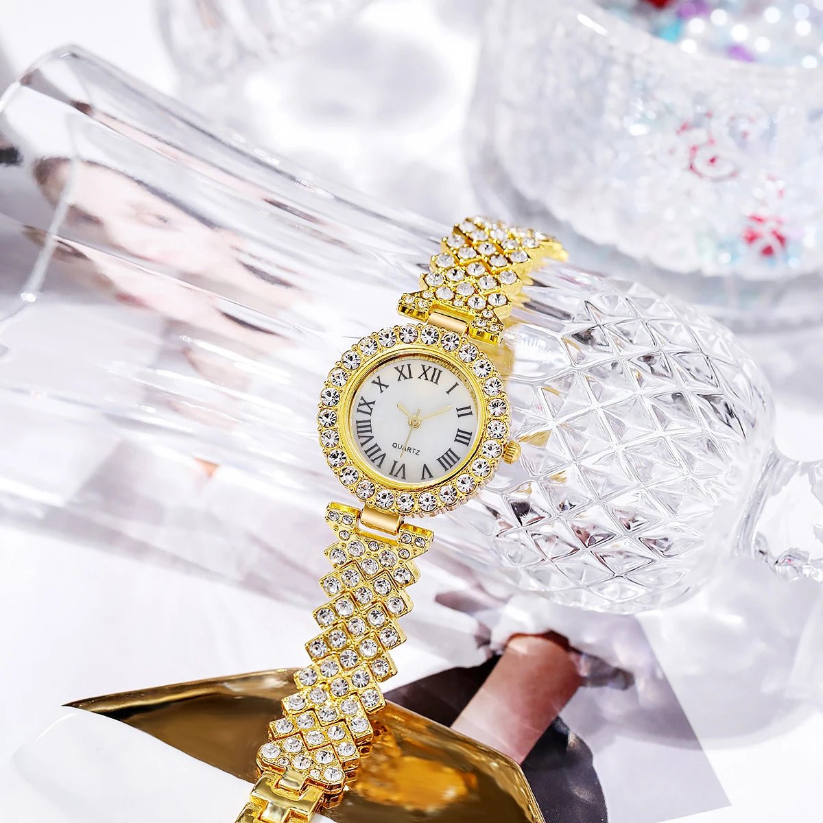 Set Bijoux Femme 6 Pièces – Montre Strass Chiffres Romains & Accessoires - Smiles shop