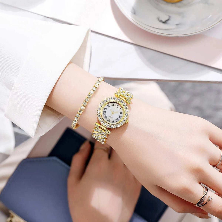 Set Bijoux Femme 6 Pièces – Montre Strass Chiffres Romains & Accessoires - Smiles shop