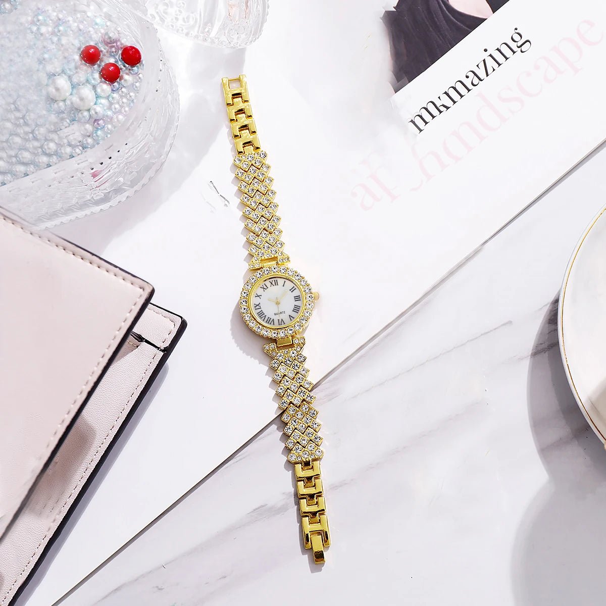 Set Bijoux Femme 6 Pièces – Montre Strass Chiffres Romains & Accessoires - Smiles shop