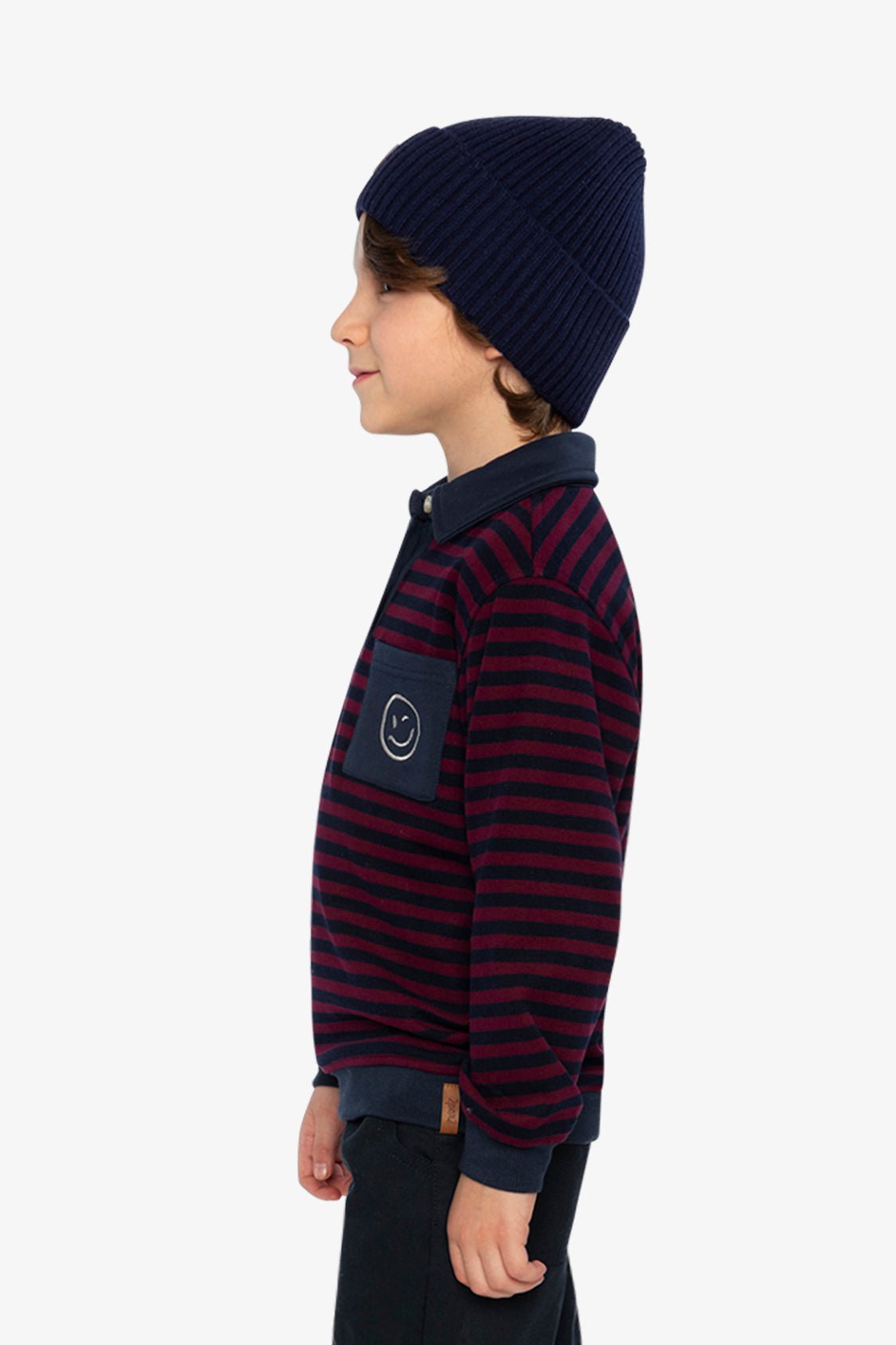 Top Jersey Brossé Rayures Rouge & Bleu – Col Polo, Poche Smiley & Style Varsity - Smiles shop