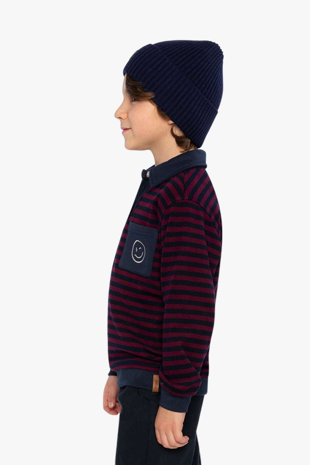 Top Jersey Brossé Rayures Rouge & Bleu – Col Polo, Poche Smiley & Style Varsity - Smiles shop