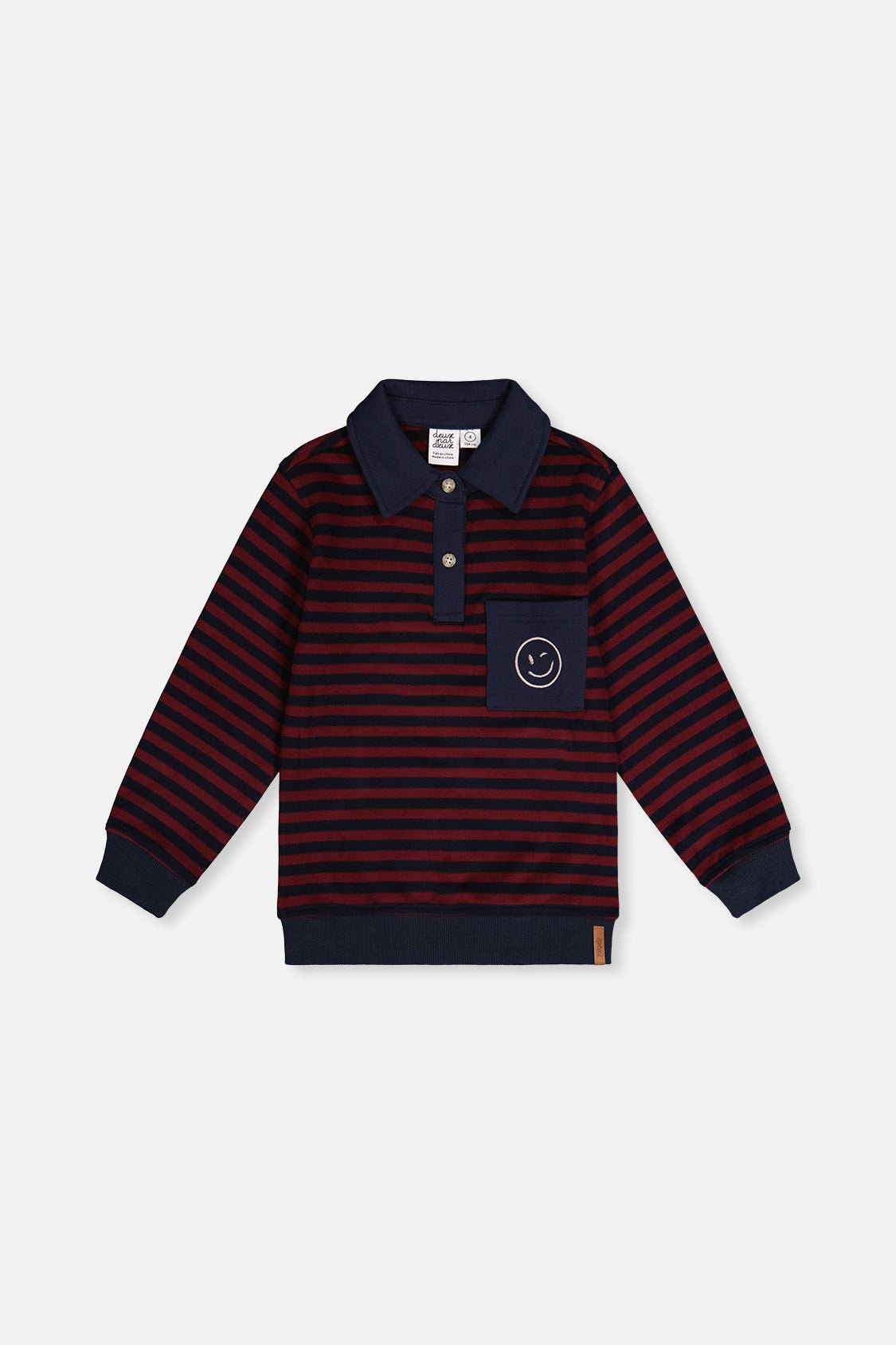 Top Jersey Brossé Rayures Rouge & Bleu – Col Polo, Poche Smiley & Style Varsity - Smiles shop