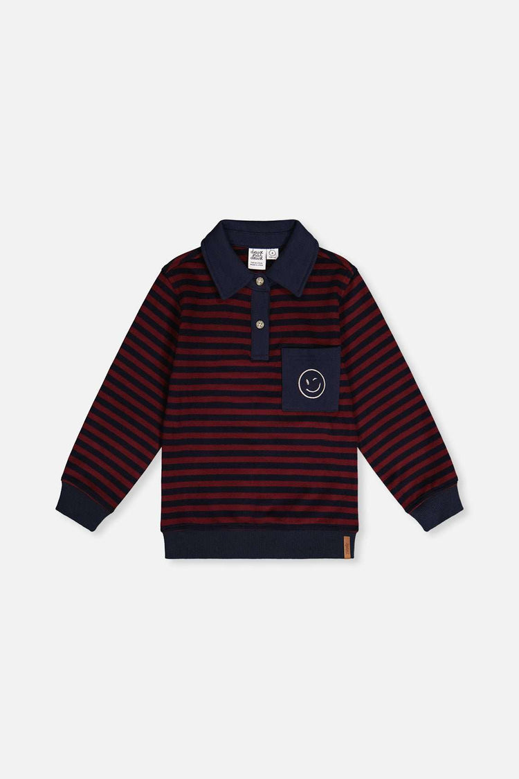 Top Jersey Brossé Rayures Rouge & Bleu – Col Polo, Poche Smiley & Style Varsity - Smiles shop