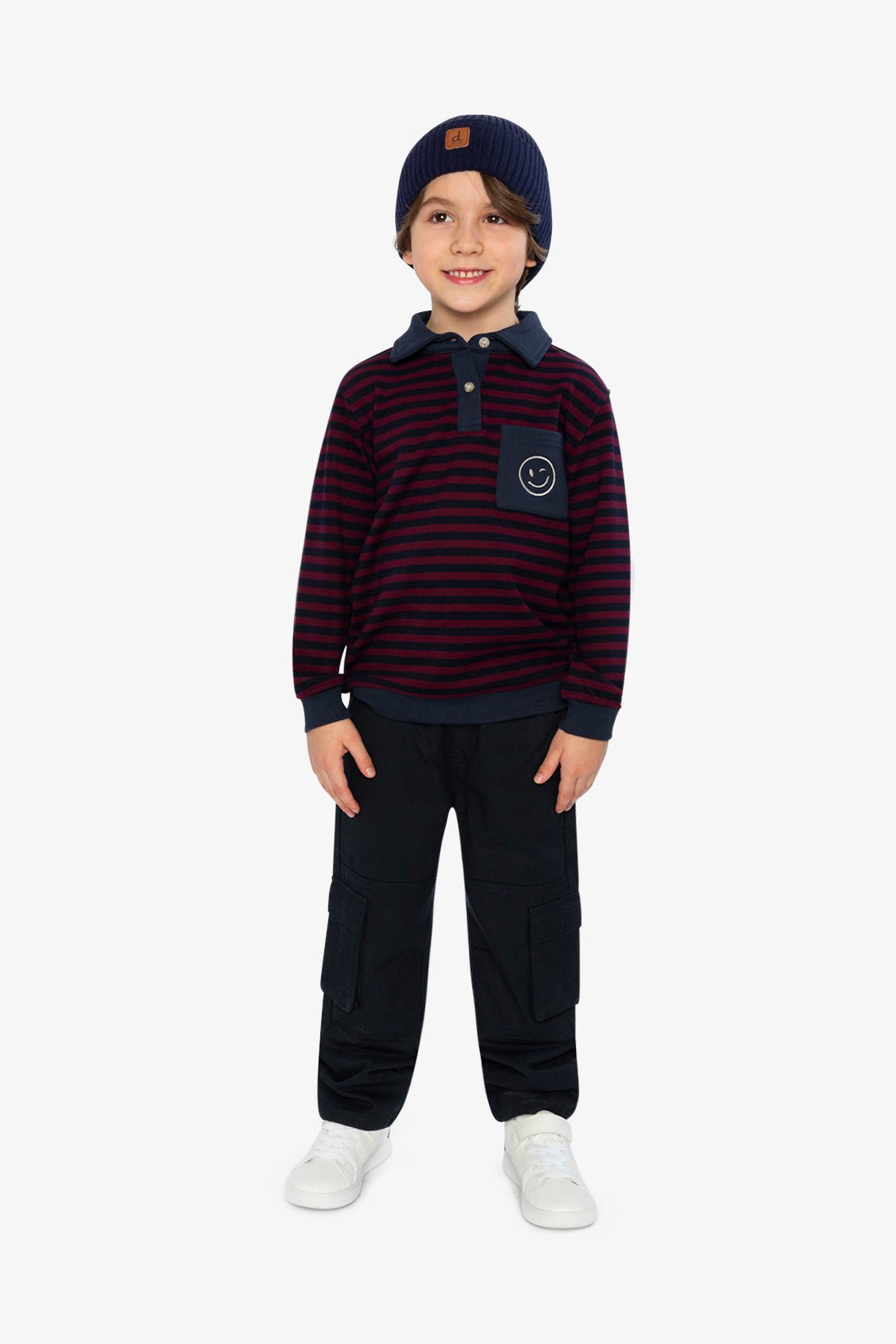 Top Jersey Brossé Rayures Rouge & Bleu – Col Polo, Poche Smiley & Style Varsity - Smiles shop