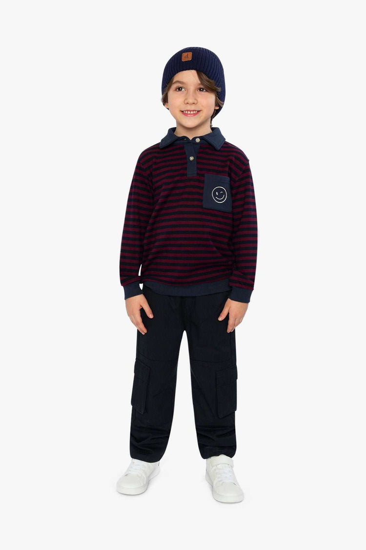 Top Jersey Brossé Rayures Rouge & Bleu – Col Polo, Poche Smiley & Style Varsity - Smiles shop