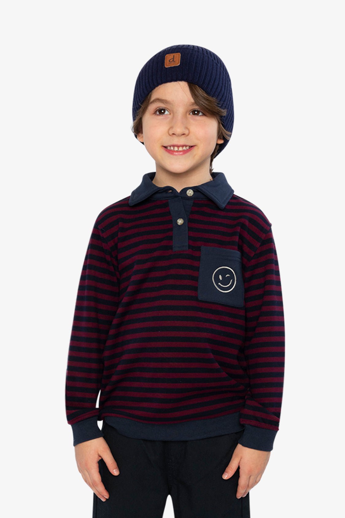 Top Jersey Brossé Rayures Rouge & Bleu – Col Polo, Poche Smiley & Style Varsity - Smiles shop