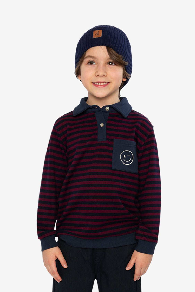 Top Jersey Brossé Rayures Rouge & Bleu – Col Polo, Poche Smiley & Style Varsity - Smiles shop